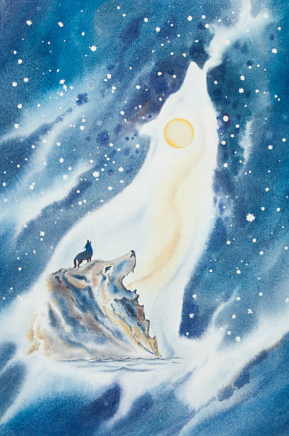 Lone Wolf Howls At Moon vector art illustration