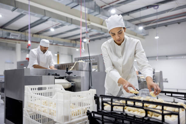 istock Production line worker working at an industrial bakery making croissants 1833456865