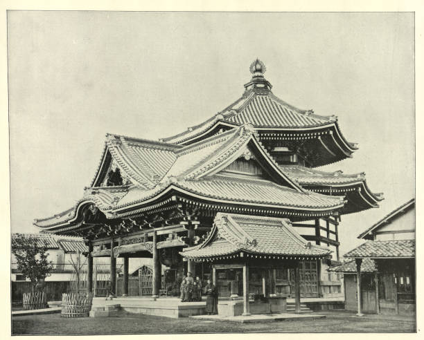 Vintage picture of Hexagonal Temple at Kyoto, Japan, 1890s Victorian 19th Century