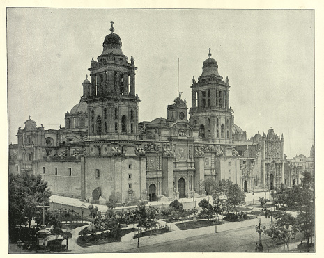 Vintage picture of the Mexico City Metropolitan Cathedral, Mexican, Gothic, Plateresque, Baroque, Neoclassical, Architecture, Victorian 19th Century