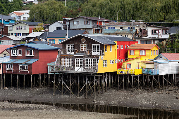 Wooden houses on stilts in Castro, Chiloe, Chile stock photo