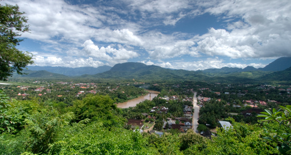 The World Heritage Listed town of Luang Prabang nestled in the mountains of northern Laos.