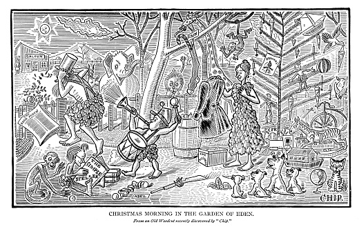 Christmas in the Garden of Eden comic, coloring page, Bible humor, cartoon. Illustration published 1895.  Original edition is from my own archives. Copyright has expired and is in Public Domain.