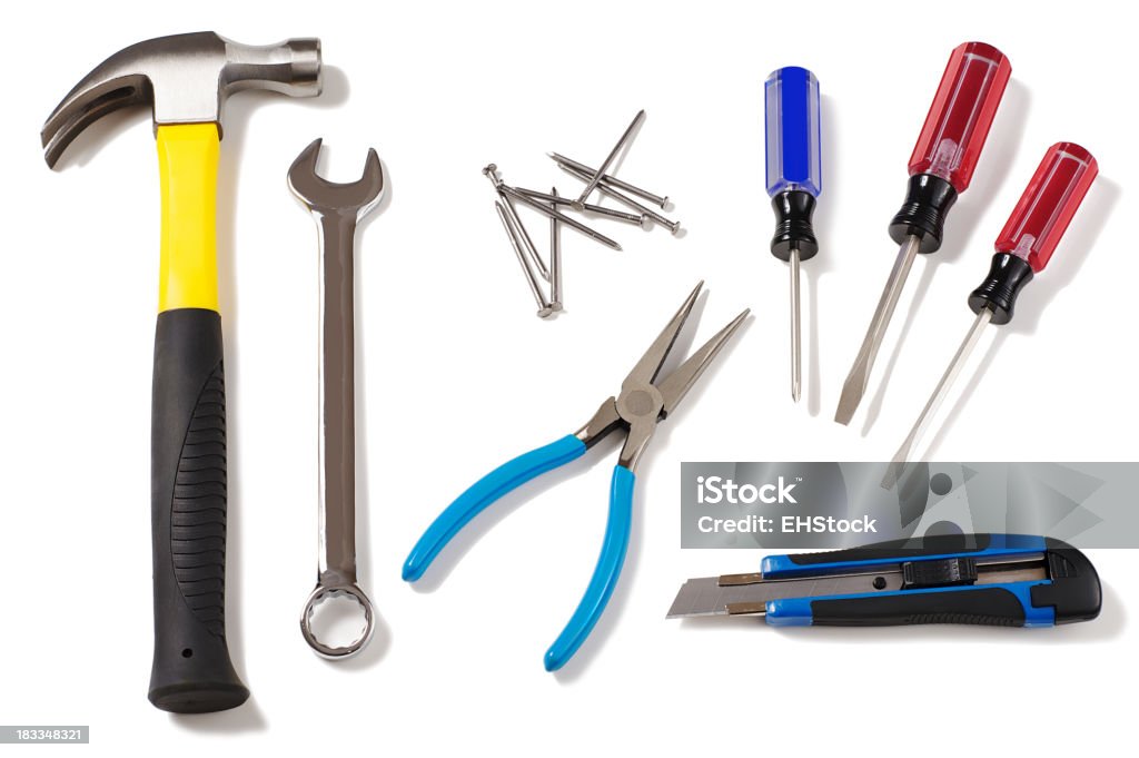 Carpintero herramientas de la construcción aislado sobre fondo blanco - Foto de stock de Alicate puntiagudo libre de derechos