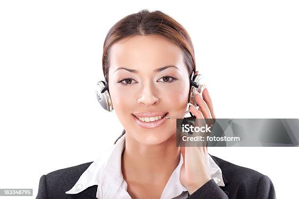 Technical Support Smiling Young Buiness Woman With Headphones Stock Photo - Download Image Now