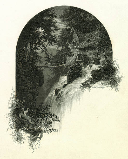 bildbanksillustrationer, clip art samt tecknat material och ikoner med mill on the waterfall, steel engraving, published in 1867 - forsmark