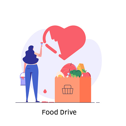 Happy woman holds a plate of soup, food box in hands. Concept of food drive, social care, volunteering, support and help for poor people, food donation. Cartoon flat vector illustration for web banner