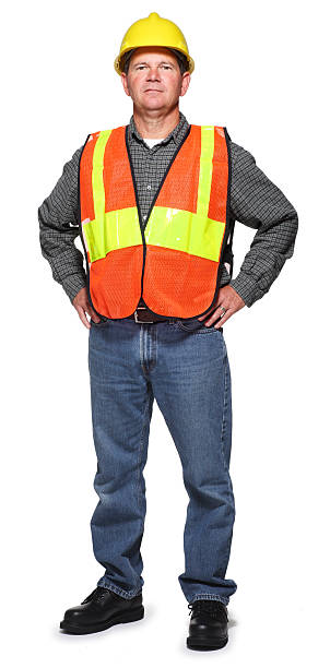 istock Blue collar worker wearing safety vest and hard hat 183349218