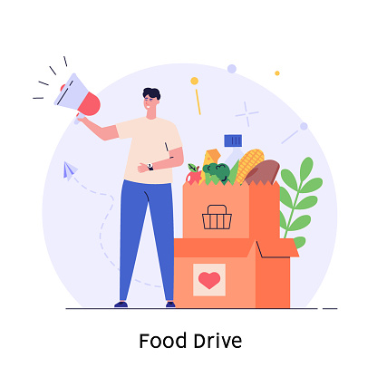 Happy man holds a plate of soup, food box in hands. Concept of food drive, social care, volunteering, support and help for poor people, food donation. Cartoon flat vector illustration for web banner