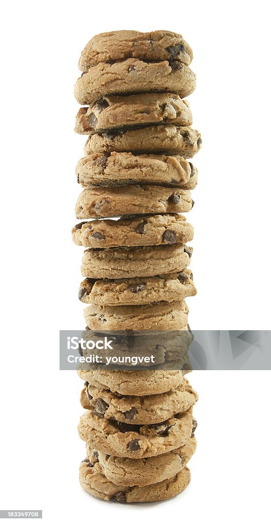 Tall stack of chocolate chip cookies A tall stack of chocolate chip cookies. Focus is on the middle of the stack.See related: Chocolate Chip Cookie Stock Photo