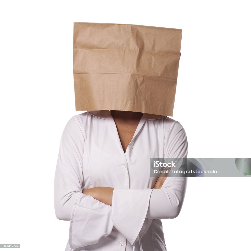 Деловая женщина в коричневый Бумажный мешок на ее голову - Стоковые фото Белый роялти-фри