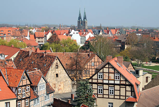 Half timbered houses in Quedlinburg. Quedlinburg is a town located north of the Harz mountains. In 1994 the medieval court and the old town was set on the UNESCO world heritage list. Some places in town with Romanesque architecture are part of the holiday route Romanesque Road.