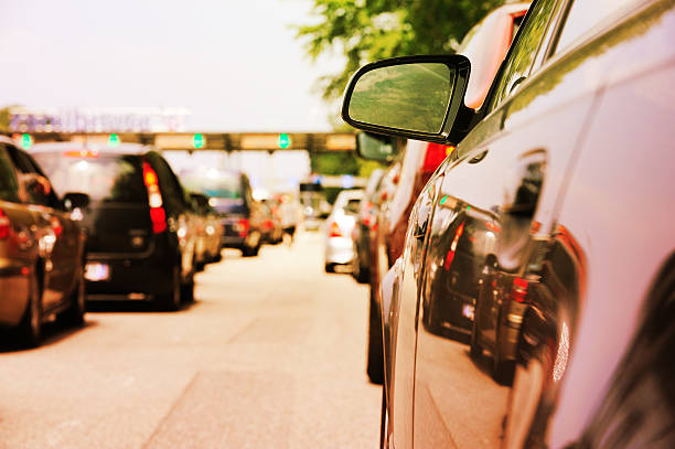 istock Car queue. Waiting to pass road toll 183350463