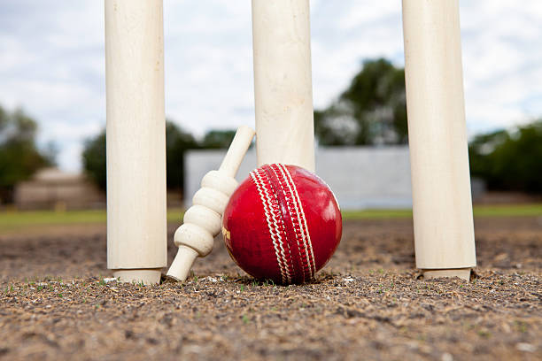 istock Cricket ball next to wickets on pitch 183351104