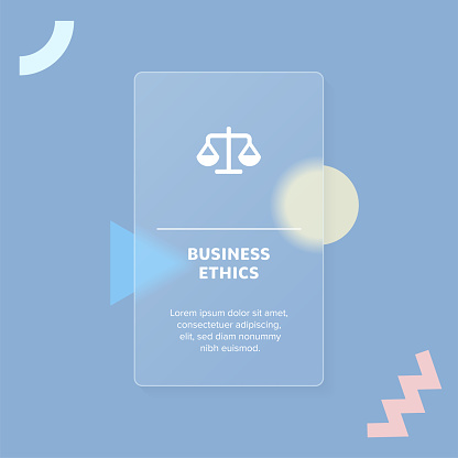 Business Ethic Solid Icon Concept Web Banner with Trendy Blurry Glass Morphism Effect. The design is suitable for web page designs, presentations, posters, brochures, and social media posts.