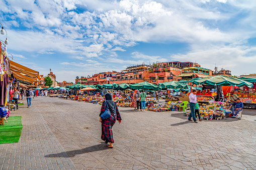 Marrakech, Morocco - Sep 14, 2023: Jemaa el-Fnaa viwe, markets and restaurants at medina of Marrakech, Morocco.