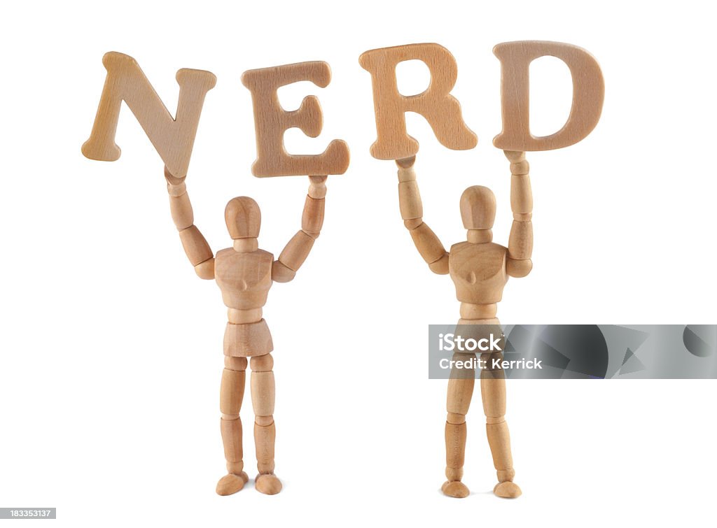 NERD-Hölzerne Kleiderpuppe holding die Wort - Lizenzfrei Figur Stock-Foto