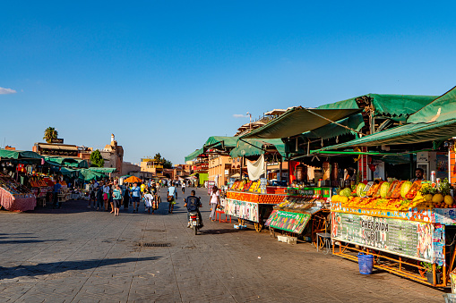 Marrakech, Morocco - Sep 13, 2023: Jemaa el-Fnaa viwe, markets and restaurants at medina of Marrakech, Morocco.