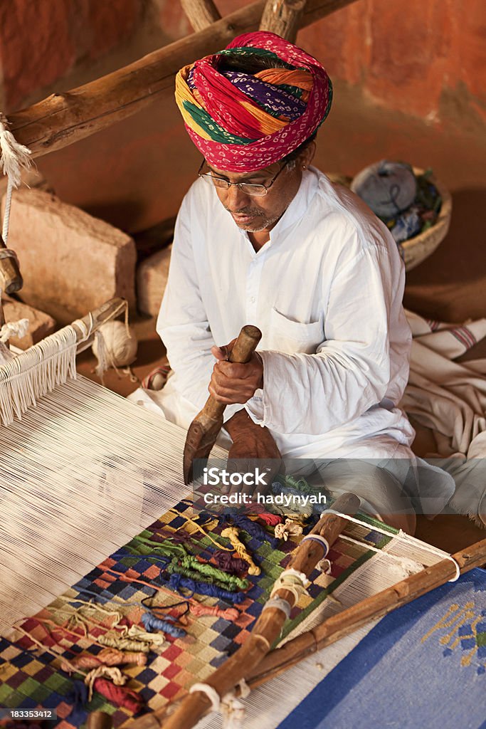 Indischer Mann Weben Textilien (durry). Salawas Dorf. Bundesstaat Rajasthan. - Lizenzfrei Weben Stock-Foto