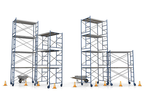 Scaffolding with construction cones on a white background Work site with scaffolding and traffic cones isolated on white.Could be useful in a construction composition.This is a detailed 3d rendering. scaffolding stock pictures, royalty-free photos & images