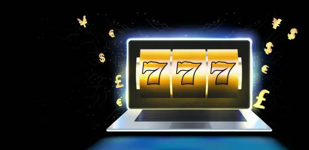 Vector illustration of Showcasing a jackpot win with three sevens.Various currency symbols,including the dollar, pound,and euro,are dynamically flying around the laptop