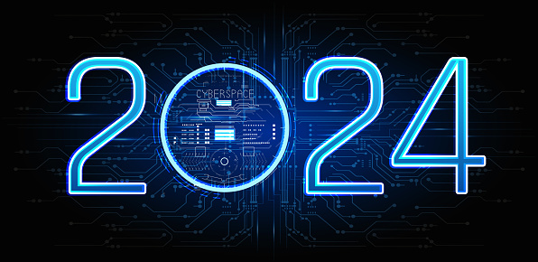 Futuristic neon blue 2024 against a black circuit board background, symbolizing the intersection of time and technology