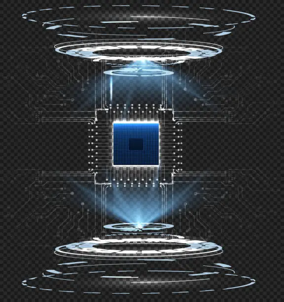 Vector illustration of Futuristic teleportation device in a cylindrical shape with a radiant blue light at the center,