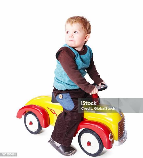 Junge Auf Einem Spielzeug Auto Isoliert Auf Weiss Stockfoto und mehr Bilder von Kind - Kind, Freisteller – Neutraler Hintergrund, Auto