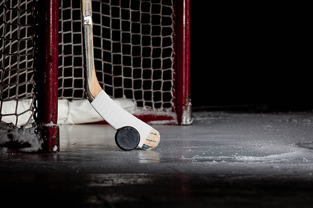 Ice Hockey Net, Puck, and Stick A dramatically lit ice hockey puck and stick in the crease of an ice hockey net.  Captured with studio lighting and a Canon 5D Mark II. ice hockey net stock pictures, royalty-free photos & images