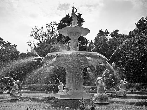 Forsyth Park Fountain. The Fountain was created in 1858 and received extensive restoration in 1988. The Fountain is located in Forsyth Park, which extends from Gaston Street to Park Avenue along the Bull Street corridor.