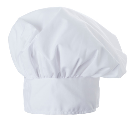 This is a photograph of a chef hat isolated on a white background.