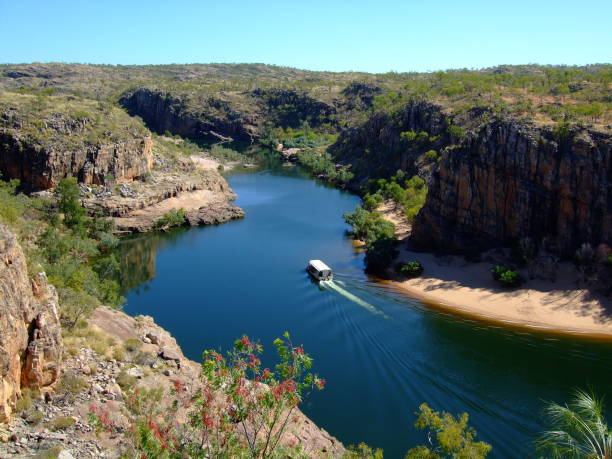 istock High angle view boat of river in gorge 1833571731
