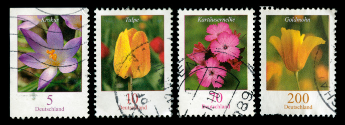 Collection of postage stamps from Germany depicting colorful spring flowers. In aRGB color for beautiful prints.