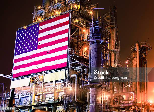 American Flag On An Oil Refinery Stock Photo - Download Image Now - USA, Crude Oil, Industry