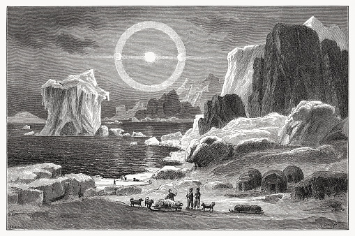 Historical view of a coast in the polar region. Nostalgic scene from the past.  Wood engraving after a drawing by Hermann Ludwig Heubner (German painter, 1843 - 1915), published in 1894.