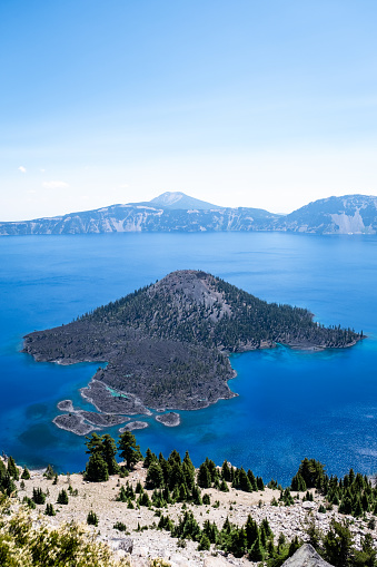 Wizard Island is a cinder cone, a remnant of the volcanic activity which created Crater Lake.
