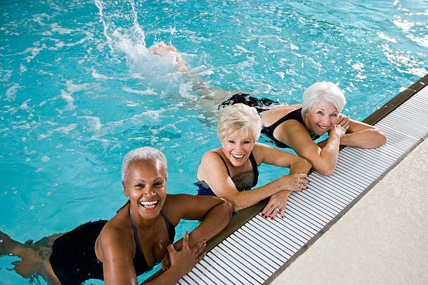 istock Active senior women, friends at swimming pool 183358834
