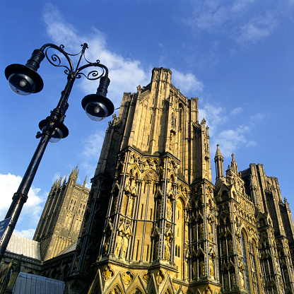Evening sunshine on historic Wells Cathedral, Somerset, UK