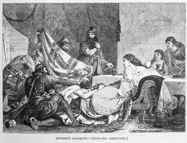Esther's Banquet Illustration from Harper's New Monthly Magazine Vol. LIV December 1876 to May 1877: From a painting by Edward Armitage depicts Esther's banquet, related in the Old Testament Book of Esther esther bible stock illustrations