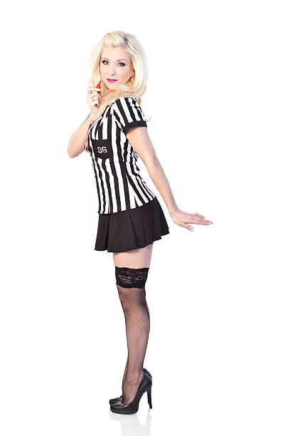 mulher loira na fantasia de árbitro - sex symbol referee women adult imagens e fotografias de stock