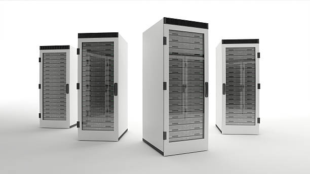 Data center servers 3D render of 4 isolated white server racks. network server rack isolated three dimensional shape stock pictures, royalty-free photos & images