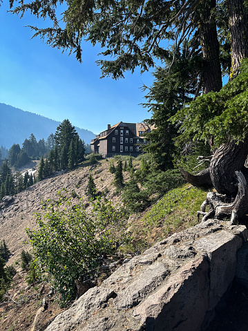 Crater Lake National Park, Oregon - July 26, 2023: View of Crater Lake Lodge from the Rim Trail.