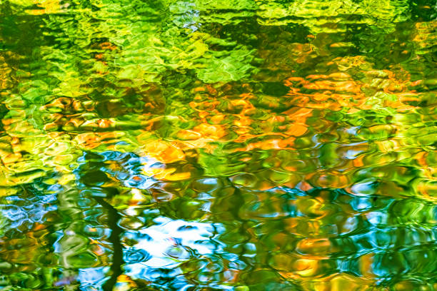 Colorful Orange Green Blue Water Reflection Abstract Furuichi kofungun Water Surrounding Ancient Burial Mound Habikino Osaka Province Japan.