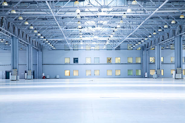 modern  storehouse empty room of modern  storehouse with office rooms glass steel contemporary nobody stock pictures, royalty-free photos & images