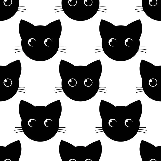 Vector illustration of Cat faces black and white seamless pattern. Vector illustration.