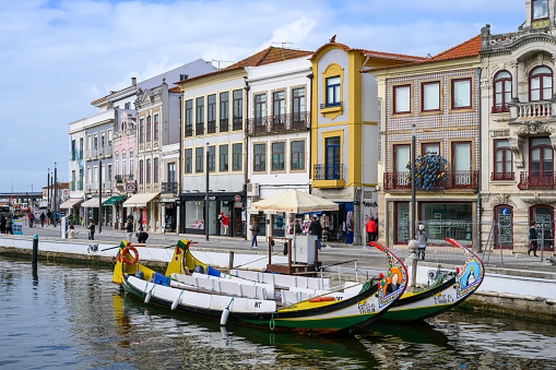 Aveiro, Portugal - Nov 7, 2023: There are brightly painted Moliceiros Boats to tour the canal and the Aveiro lagoon.