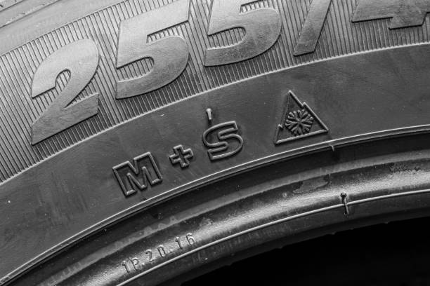 Tire side view with M plus S and 3PMSF marking or Mud and Snow and 3 Peak Mountain Snow Flake symbol