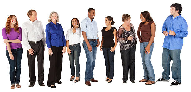 istock Happy Group of People in a Line, Isolated on White 183361998