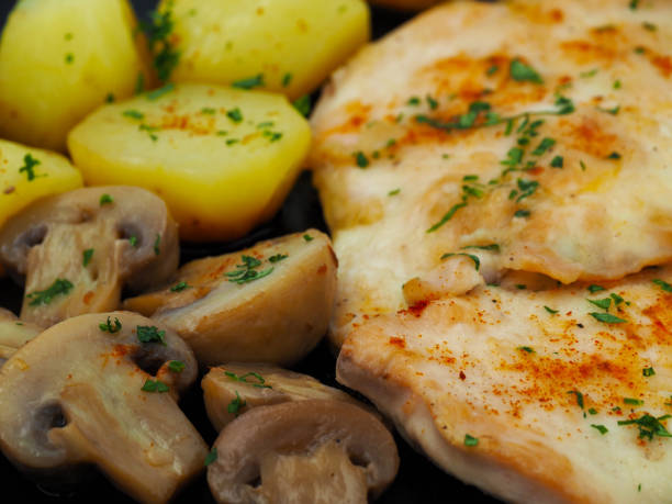 istock Cooked chicken breast with mushrooms and potatoes close-up 1833622884