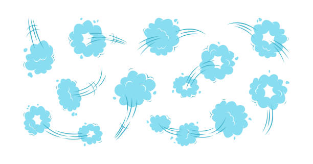 illustrations, cliparts, dessins animés et icônes de icône de saut de nuage de dessin animé, fumée de vitesse, effet de mouvement, traînée bleue whoosh, ensemble de vecteurs pouf. illustration rapide - whoosh